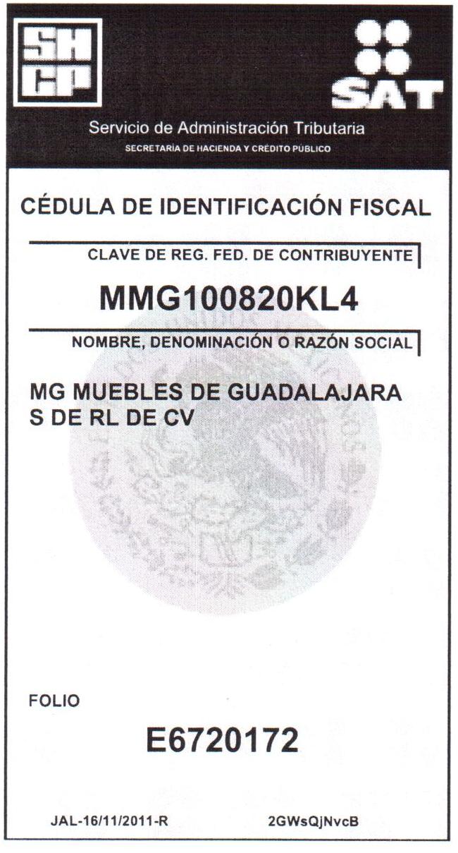 Cédula Fiscal MG Muebles de Guadalajara, S. de R.L. de C.V.